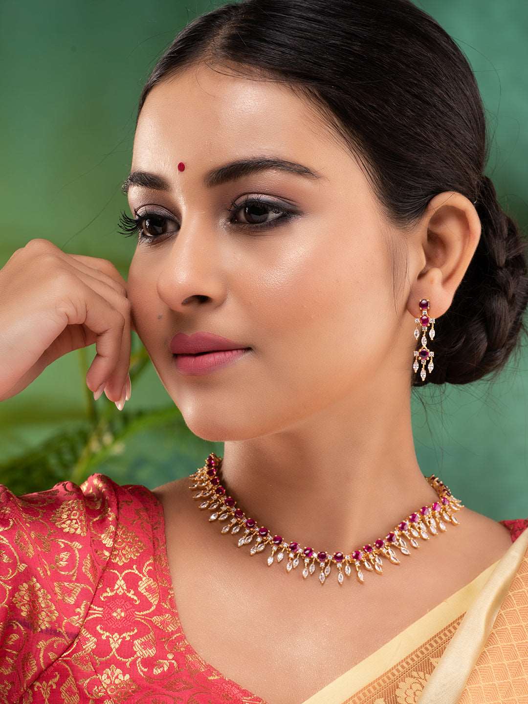 Gold Plated & Pink AD Studded Necklace & Earrings, zaveri pearls, sale price rs, sale price, sale gold plated, sale gold, sale, rubans, ring, regular price, priyassi jewellery, kushal's - Sar